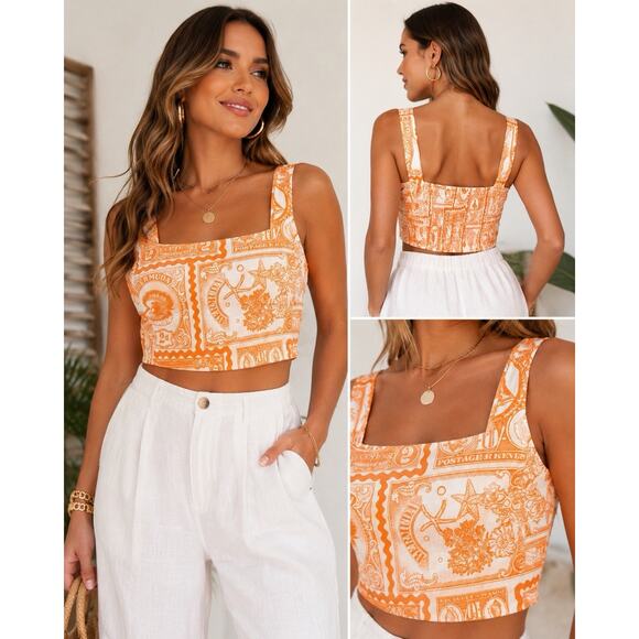 Nicole Miller Tops - NWT Atelier Nicole Miller Linen Blend Crop Top L Orange Bermuda Stamp Coastal
